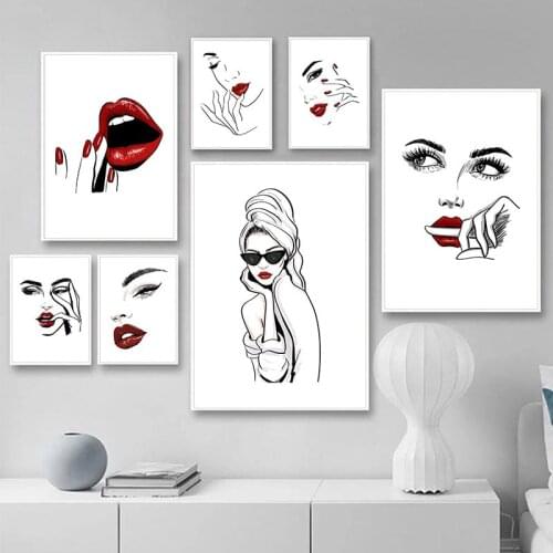 Nordic Moderm Sexy Beauty Woman Fashion MakeUp Poster Eyelash Red Lips Canvas Art Painting Picture Modern Girl Room Home Decor