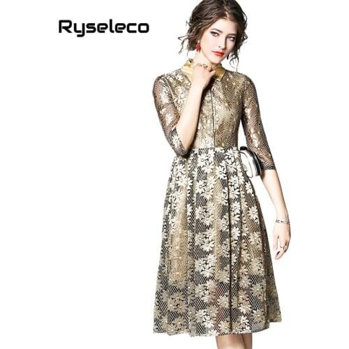 Ryseleco Fashion Pleated 3/4 Sleeve 2018 Spring Full Cutout Floral Lace Dress Elegant Empire Sequins Chic Party Flare Midi Dress