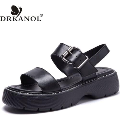 DRKANOL 2021 Fashion Thick Bottom Open Toe Sandals Women Summer Genuine Leather Leisure Platform Sandals Student Sandalias Mujer