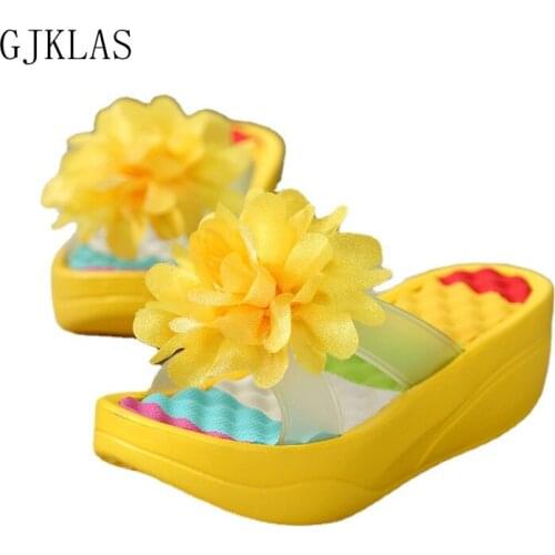 Women Slippers Fashion Pee Toe Summer Shoes Flower High Heels Women Slides Platform Wedges Ladies Women Shoes Sandalias Slide