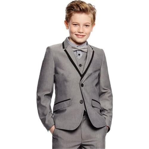 Light Grey Boys Formal Wear Notch Lapel Kids Tuxedos Wedding Party Suits Custom Made Boys Suits (Jacket+Pants+Vest+Tie)