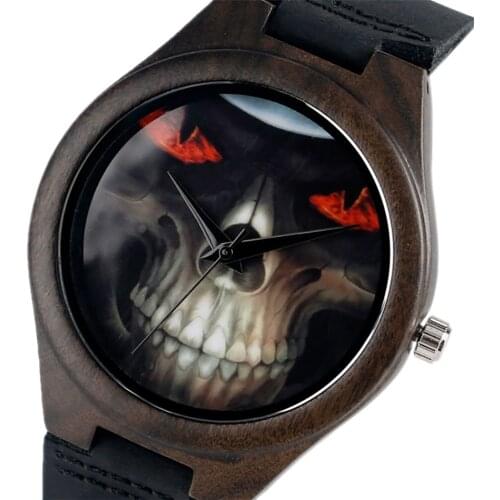 Punk Fashion Skull Display Round Dial Natural Wood Men Watches Quartz Movement Genuine Leather Bamboo Watch Xmas Gift