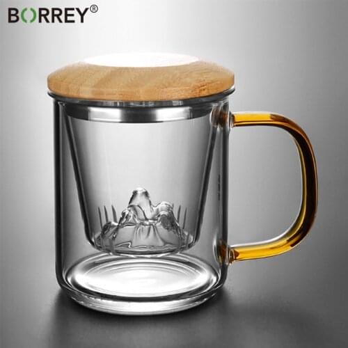 BORREY High-End Glass Tea Cup Office Bamboo Lid Mug Strainer Cup With Handle Heat Resistant Office Beverage Tea Separation Cups