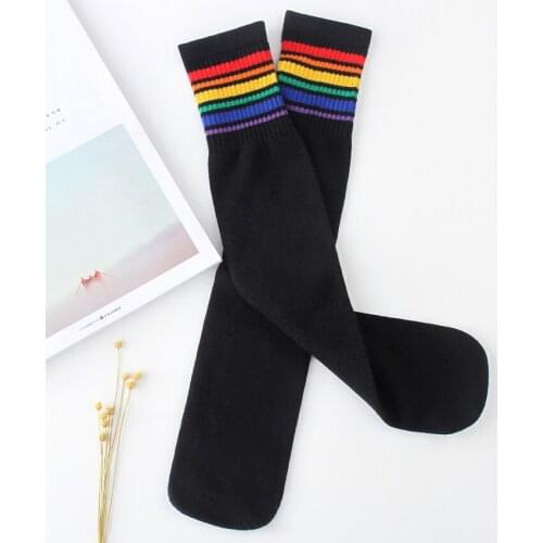 YZ-S-XH-0013 New girls cotton socks medium height socks rainbow stripe over the knee socks student football socks