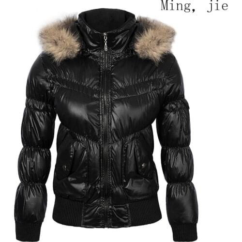 Womens Cotton-padded Clothes European and American Large Fur Collar Bright Face Short Stand Collar Jacket Autumn and Winter