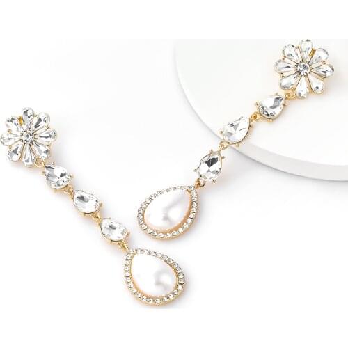 Fashion metal rhinestone imitation pearl long earrings womens creative popular dangle earrings party accessories