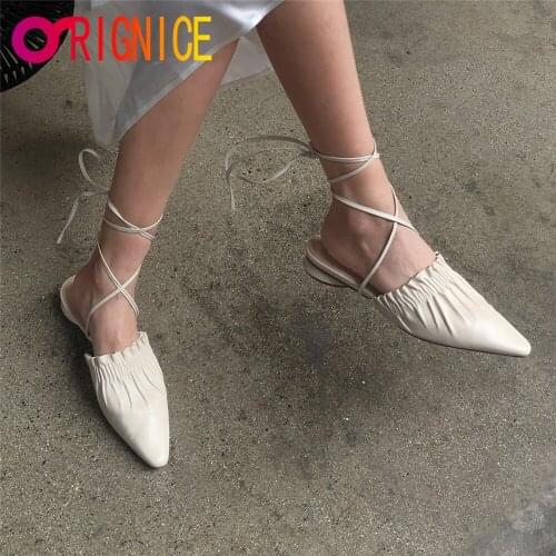 Orignice Fashion Pleated Women Genuine Leather Mules Cross Tied Round Toe Thick Heels Solid Color Casual Dress Street Shoes