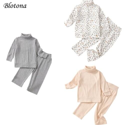 Blotona Little Girls Casual 2Pcs Homewear Set, Solid color/ Floral Printed Turtleneck Pullover and Elastic Waist Pants, 1-5Years
