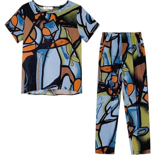 Vintage Outfits For Women Clothes Two Piece Set Pattern Print Thin Soft Cotton Linen Loose Top High Waist Womens Harem Pants