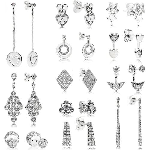 2019 100% 925 Sterling Silver 1:1 Genuine Smile Long Stud Earrings Heart Star Geometric Lamination Charm Long Ear Stud