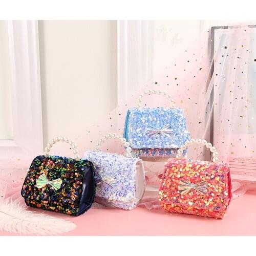 5 Colors Little Girls Sequins Cross-body Bag Children Bow Knot Pattern Square Shape Messenger Bags