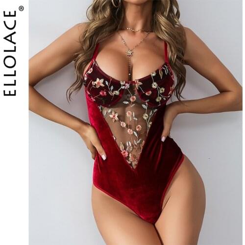 Ellolace Velvet Bodysuit Women Floral Embroidery Overalls for Women Lace Patchwork Bodys Sexy Lace Bodysuit Dropshipping