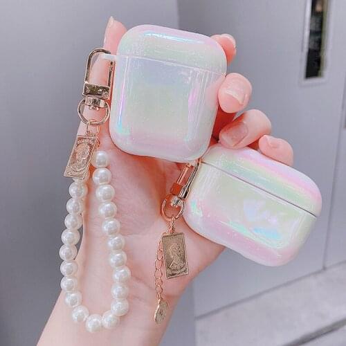 Luxury Lovely Pearl Shell Keychain Water Drop Rainbow Hard Headphone Earphone case for Airpods 1 2 3 Pro Wireless Headset Cover