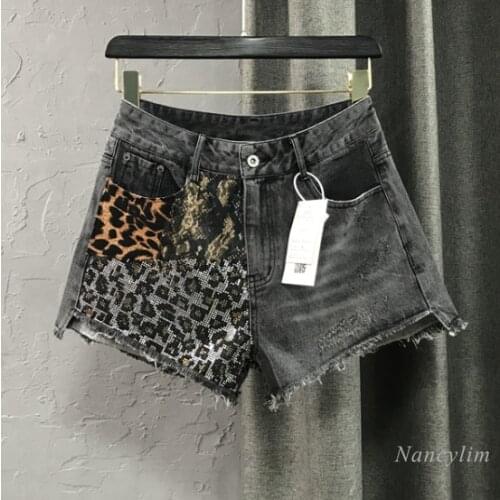Black Grey Denim Shorts for Women 2021 Spring Summer New Heavy Embroidery Hot Drilling Retro Wide Leg Leopard Print Hot Pants