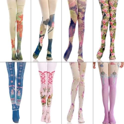 140D Cute Flower Printing Stockings Lolita Velvet Tights Japanese Harajuku Lolita Pantyhose Bottoming Anime Tattoo Pantyhose