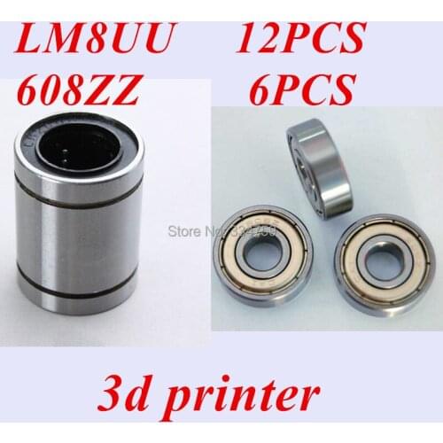 3d Printer CNC Parts 12 pcs LM8UU 8mm linear ball bearing +6 pcs 608zz ball bearing for Kossel Reprap Rostock Mini Delta
