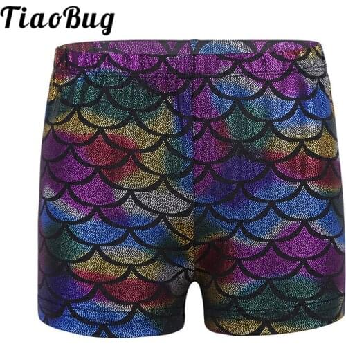 TiaoBug Kids Shiny Mermaid Scales Pattern Low Rise Dance Shorts Children Girls Workout Yoga Gymnastics Sports Shorts Dance Wear