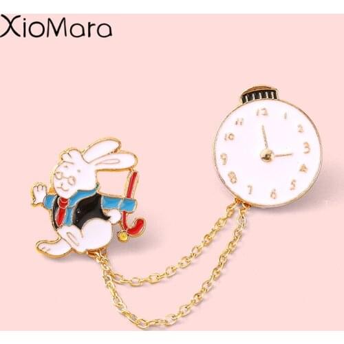 Bunny Walking Chain Clock Enamel Pins On-Time Animal Gentleman Bag Brooches Clothes Lapel Badge Cartoon Jewelry Gift For Friend