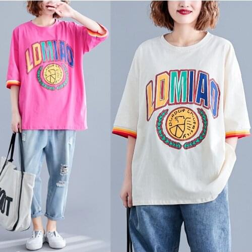 Large size T-shirt short-sleeved women Korean-style loose fashion letter printing O-Neck cotton casual Wild popular T-shir D283