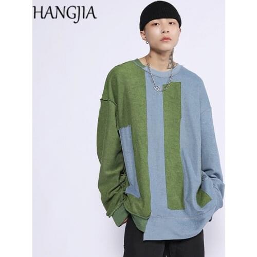 Blue Green Irregular Patchwork Sweatshirts Hip Hop Streetwear Washed Distressed Pullovers Sweatshirts Mens Women Baggy Tops