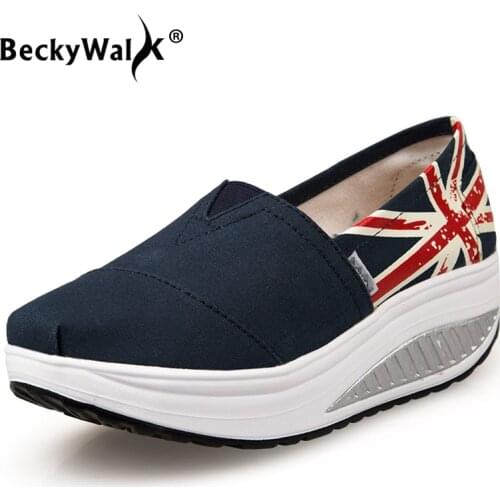 BeckyWalk Print Casual Comfortable Flat Shoes Women Spring Ladies Loafers Swing Platform Canvas Shoes Woman Sneakers WSH2933
