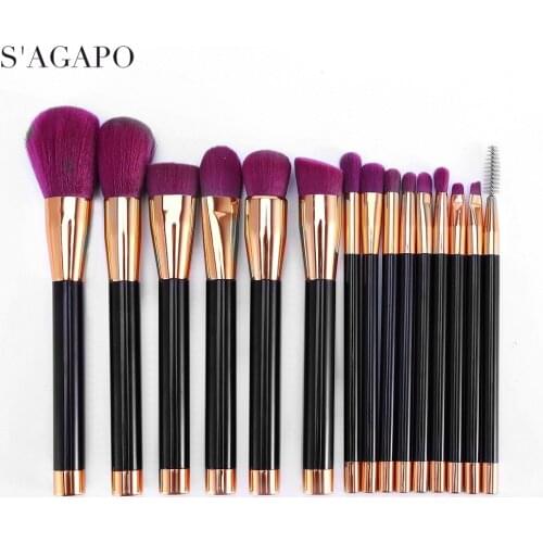 S'AGAPO 15pcs Makeup Brush Set Eyeshadow Eyeliner Eyebrows Eyelashes Concealer Highlight Professional Face Beauty Makeup Brushes