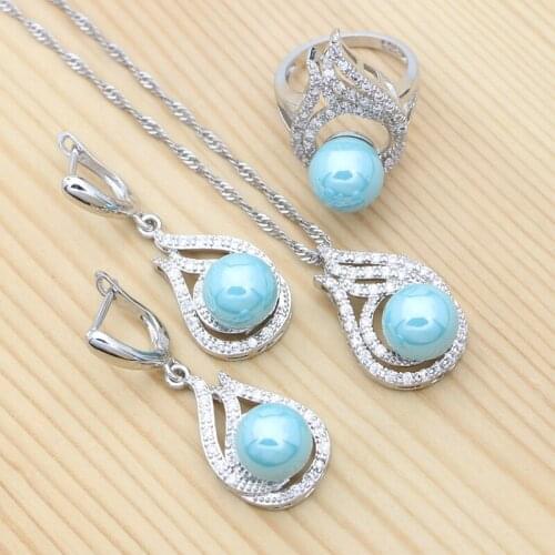 925 Sterling Silver Bridal Jewelry Set Blue Pearl Crystal Ring Necklace Pendant Earrings for Women Gifts