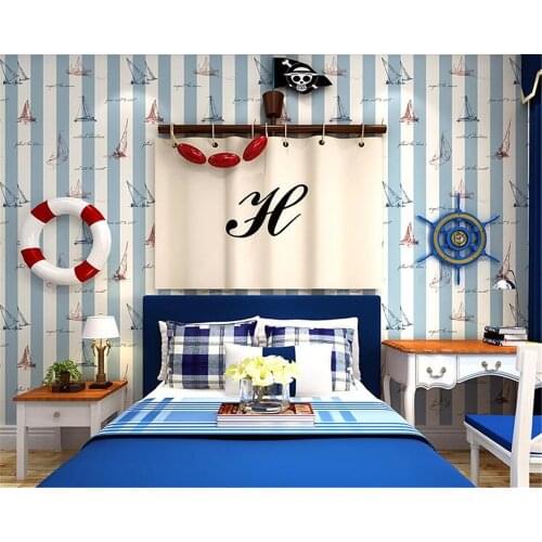 Beibehang Boys kids room wallpaper Mediterranean style blue vertical stripes Cartoon Nautical Sailing 3D Wallpaper papier peint