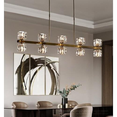 Postmodern Nordic personality all copper upper and lower square crystal dining room chandelier American retro table lamp
