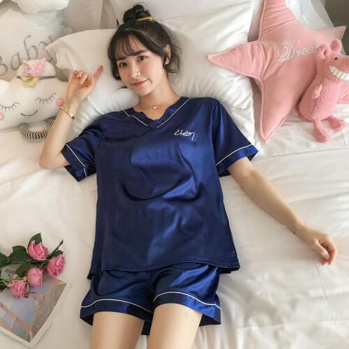 Navy Blue Solid Short Pajamas Two Pieces V Neck Short Sleeves Shorts Pants Nightwear Silk Sleepwear In Stock NW54