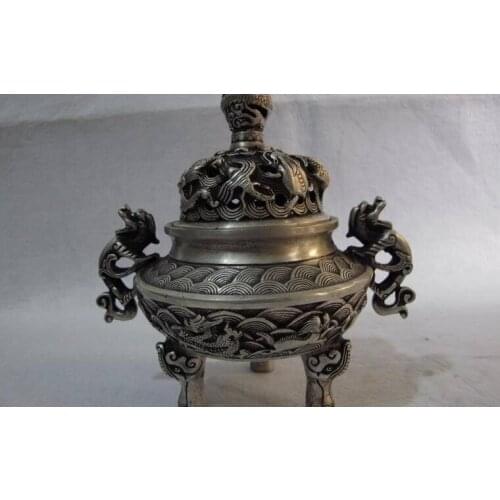 Tibetan buddhism white bronze silver foo dog Dragon Beast censer incense burner