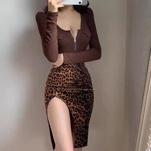 High waist skirt female leopard print asymmetrical slim bag hip mini skirt sexy split design half skirt club