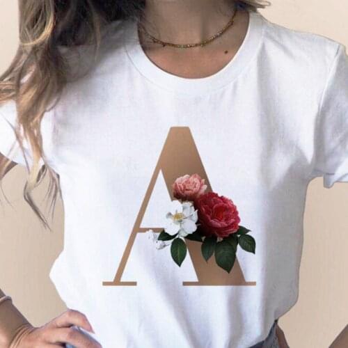 Womens Customize Name Letter Combination Printing T-shirt Girl Flower Letter Font A B C D E F G Short Sleeve Clothes,Drop Ship