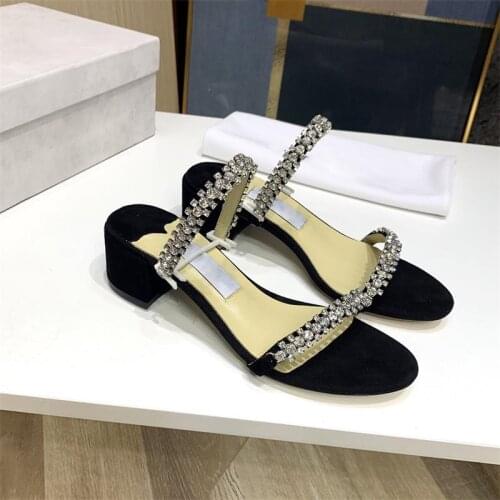 Summer Rhinestone Women Slippers Square High Heels Outside Slides Solid Black Ladies Shoes 2020 Mujer Zapatos
