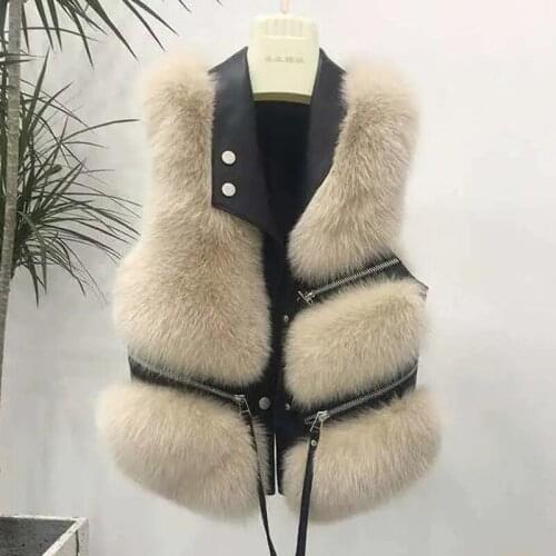 2021 Autumn Winter Faux Fur Vest Women Solid Lapel Sleeveless Pu Leather Jackets New Loose Warm Multi-zip Decoration Coat Women