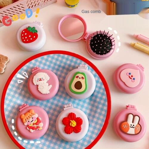 1pcs Kawaii Silicone Single-Sided Portable Makeup Mirror With Comb Cartton Girl Folding Round Mirror