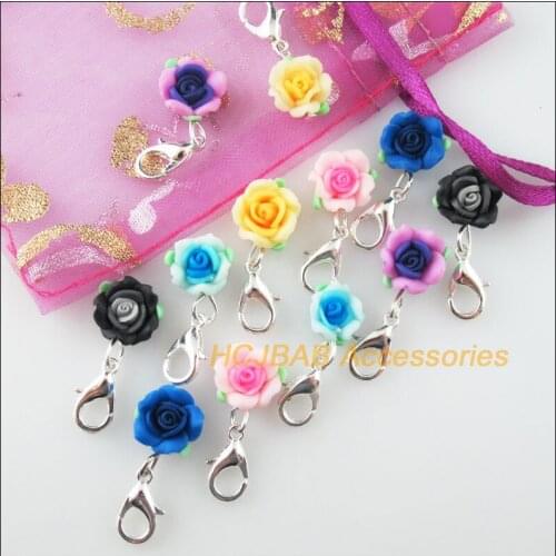 10Pcs Mixed Clay Flower Charms Silver Plated With Clasps 10mm