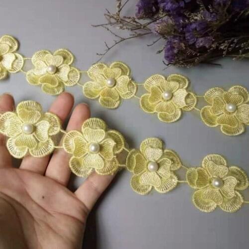 10PCS Yellow Pearl Flower DIY Soluble Wedding Lace Lace Trim Knitting Embroidered Handmade Patchwork Ribbon Sewing Craft 4.5CM