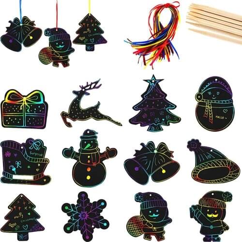 24Pcs Colorful Scratch Christmas Tree Ornaments Cute Paper Pendant DIY Crafts Christmas Decorations for Home 2021 Kids Xmas Gift