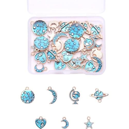 35Pcs/box Alloy Enamel Pendants Sky Blue Moon Star Heart Shape Charms for Earrings Necklace Jewelry Making Craft Accessories