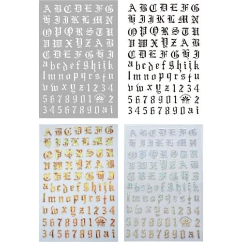 4Sheets Holographic Letter Nail Art Stickers Old English Alphabet Nail Decals Adhesive Letter 3D Nail Art Stickers For Women Gir