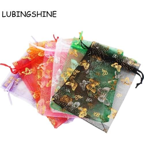 7 colors 50pcs/lot Organza Gift Bags Strap Drawstring Candy Pouches Wholesale Jewelry Packaging With Butterfly 9x12 11x16 cm