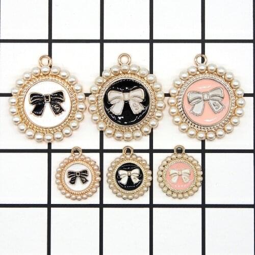 Enamel Bowknot Charms Pearl Pendant For Bracelets Necklace DIY Jewelry finding Two models and three colors to choose from X938