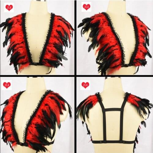 Fetish fantasy couture Multicolor lace feathered epaulettes elastic harness belt feather brassiere rave cage bra top UNISEX