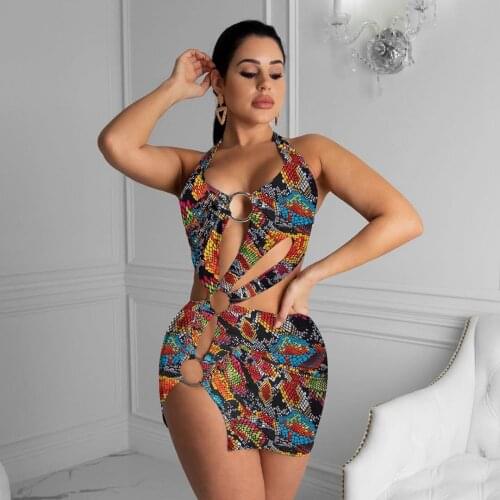 Hirigin 2021 Sexy Mini Dress Sleeveless Halter V-Neck Cut Out Rainbow Snakeskin Print O-ring Bandage Women Fashion Holiday Wear