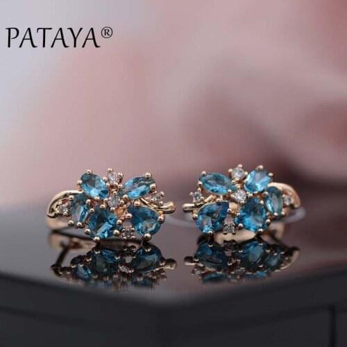 PATAYA Multi-Colored Blue Natural Zirconia Short Earrings 585 Rose Gold RU Hot Exclusive Design Jewelry Women Luxury Earrings