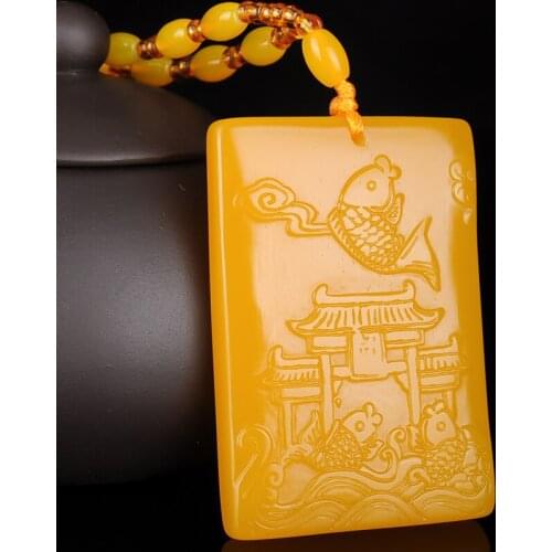 Chicken oil yellow Jade Carp jumping over the dragons gate Pendant May you always get more than you wish for Pendant