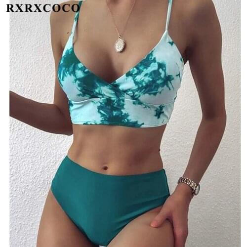RXRXCOCO Swimwear Women Swimsuit Tie Dye High Waist Solid Push Up Bikini Sets 2021 Swimwear Female with Padded Bathing Suit