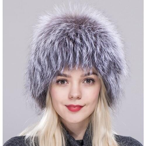 FXFURS Hot Sale 100% Natural Silver Fox Fur Women Winter Hat Knitted Cap Women Hat Fox Fur Bomber Hat Female Warm fur beanies