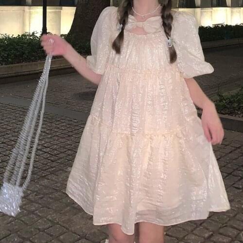 Sweet Holiday Princess Dress French Summer Puff Sleeve Knee-Length Dresses Kawaii Cute Bow Aesthetic Girly Lace Costume